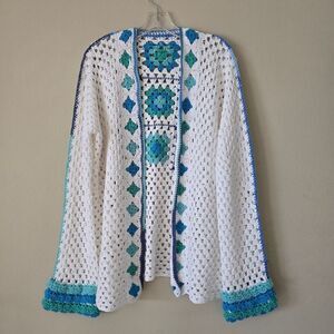 Hand Made Womens White and Blue Crochet Sweater Grandma Core Bohemians One Size